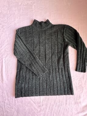 Vintage Classic Elements Chenille Sweater Large Green Mock Neck Ribbed Knit 90s